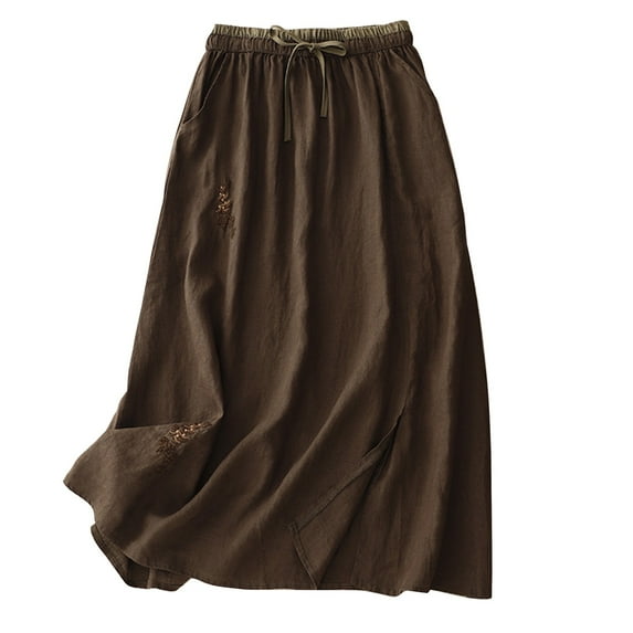 Lovskoo Women's Summer Cotton Linen Skirts Loose Elastic Waist Embroidery Floral Linen Midi Skirt Coffee