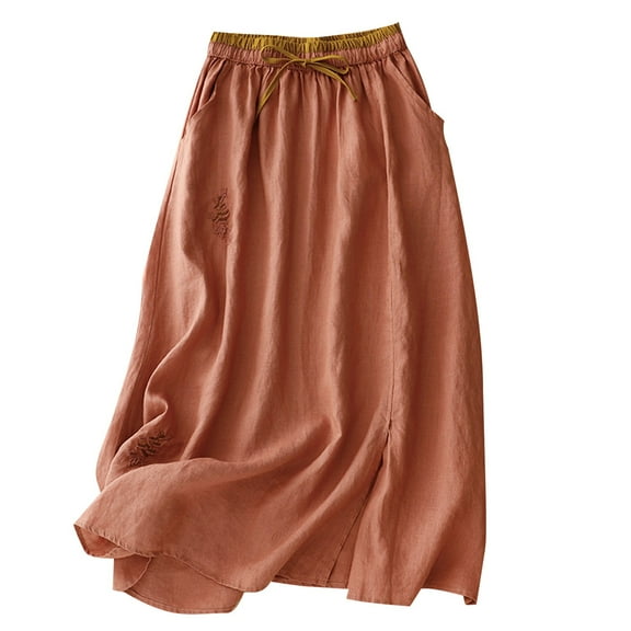 Lovskoo Women's Summer Cotton Linen Skirts Loose Elastic Waist Embroidery Floral Linen Midi Skirt Pink