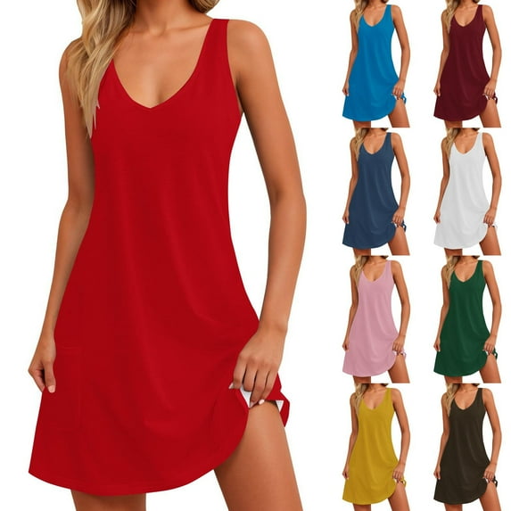 Lovskoo Women's Summer Dresses 2025 Beach Casual Sleeveless Solid Color V Neck Dress Loose Tank Sundress with Pocket Pink