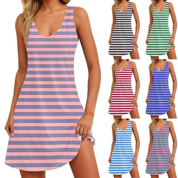 Lovskoo Women's Summer Dresses 2025 Beach Casual Sleeveless Stripe Print V Neck Dress Loose Tank Sundress with Pocket Black