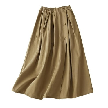 Lovskoo Women's Summer Linen Elastic Waist Button Up Swing Midi A Line Skirt Khaki