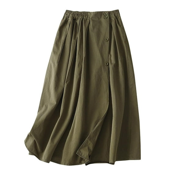 Lovskoo Women's Summer Linen Elastic Waist Button Up Swing Midi A Line Skirt Olive Green