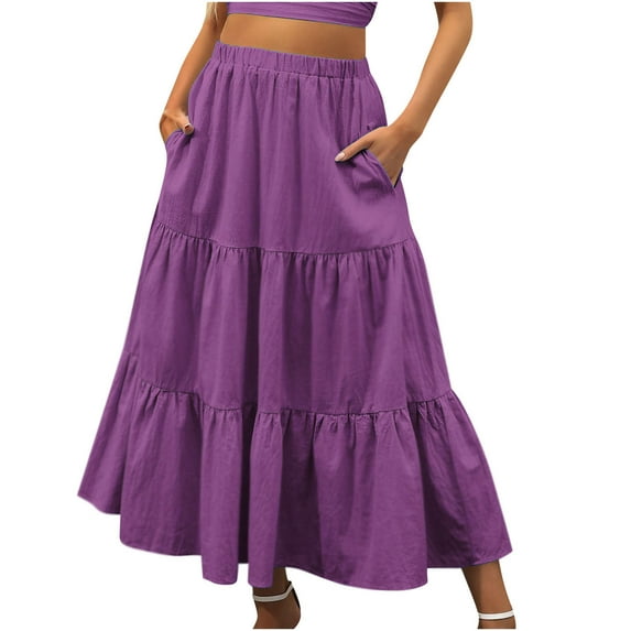 Lovskoo Women's Summer Maxi Skirt Casual Elastic High Waist Pleated A-Line Flowy Swing Tiered Ruffled Long Beach Vacation Skirts Dark Purple