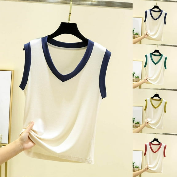 Lovskoo Women's Summer Modal Tank Top Undershirt Casual Color Block Loose V-Neck Camisoles Tank Top Red
