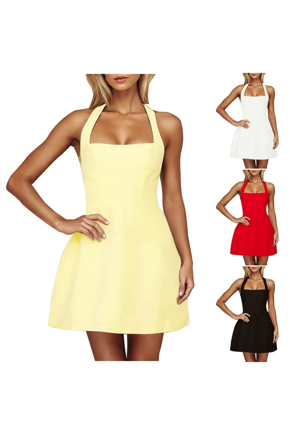 Women's Summer Sleeveless Halter Mini Dress 2025 Off Shoulder High Waist Swing Flowy Beach Dresses Red