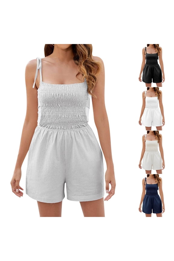Women's Summer Sleeveless Romper 2025 Casaul Beach Vacation Loose Shorts Jumpsuit Overalls with Pocket Gray