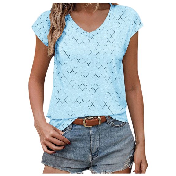 Lovskoo Women's Summer Tops Casual Trendy Solid Color Eyelet Tops Cap Short Sleeve Loose V Neck Tops Light Blue