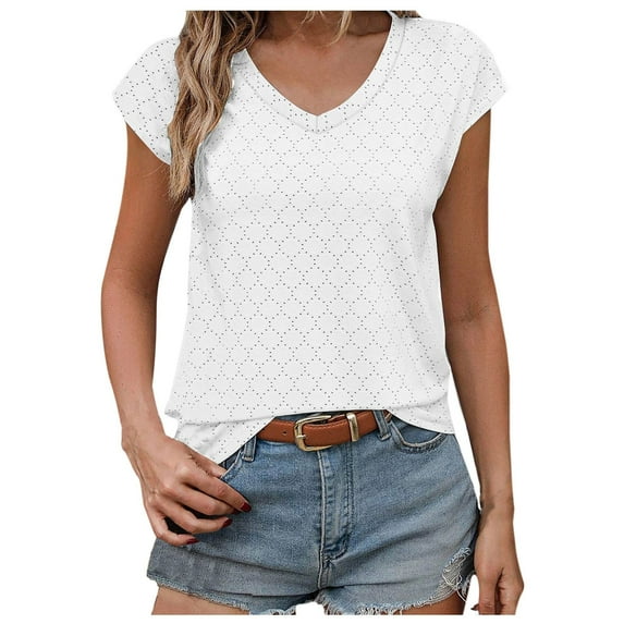 Lovskoo Women's Summer Tops Casual Trendy Solid Color Eyelet Tops Cap Short Sleeve Loose V Neck Tops White