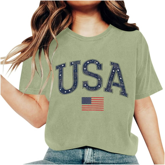 Lovskoo Women's Summer Tops Trendy Independence Day Printed Short Sleeved Round Neck T-Shirt Top Green