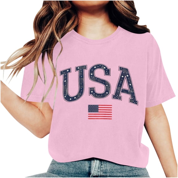 Lovskoo Women's Summer Tops Trendy Independence Day Printed Short Sleeved Round Neck T-Shirt Top Pink