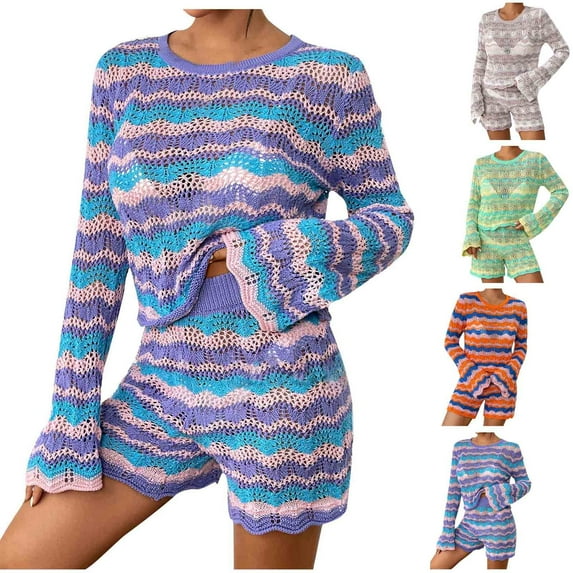 Lovskoo Women's Sweater Set Trendy Casual Print Long Sleeve Long Sleeve Round-Neck Blouses Sets Pink