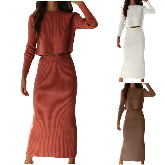 Lovskoo Women's Sweater Set Trendy Solid Casual Round Neck Knit Sweater Long Sleeve + Skirt Suit Set Khaki