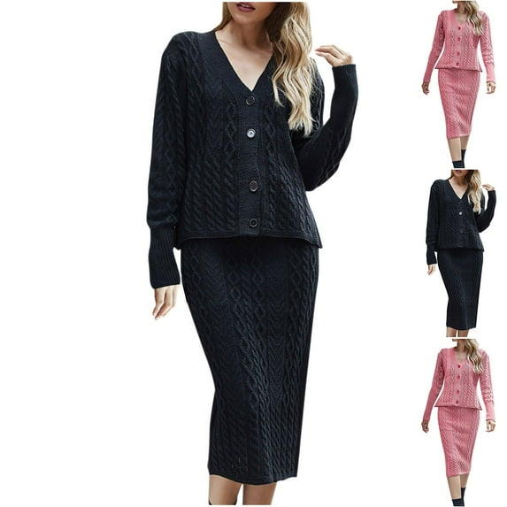 Lovskoo Women's Sweater Set Winter Casual Solid Cardigan Knitted V-Neck Long Sleeve Buttoned Sweater Suit Bodycon Skirt Black