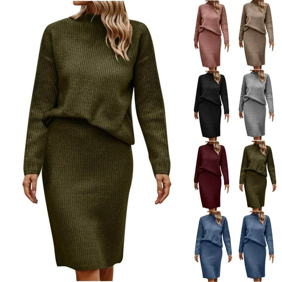 Lovskoo Women's Sweater Set Winter Casual Solid Color Knitted Long Sleeve Turtleneck Pullover and Bodycon Skirt Outfits Olive Green