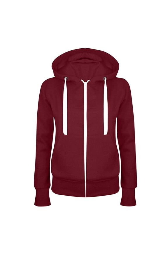 Women's Sweatshirts Casual Full Zip Up Fleece Hoodie Comfy Slim Solid Sweatshirt Long Sleeve Jacket With Pockets Burgundy
