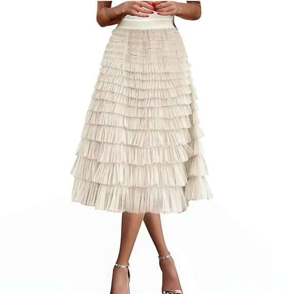 Lovskoo Women's Sweet Ruffled Tutu Tulle Skirt Elastic High Waist Tiered Mesh Midi Skirt Beige