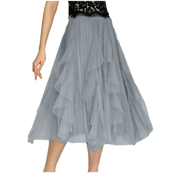 Lovskoo Women's Sweet Ruffled Tutu Tulle Skirt Elastic High Waist Tiered Mesh Midi Skirt Gray