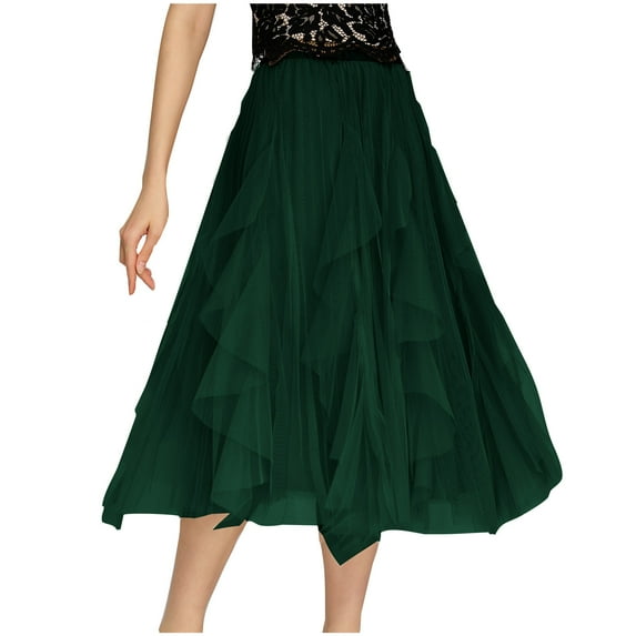 Lovskoo Women's Sweet Ruffled Tutu Tulle Skirt Elastic High Waist Tiered Mesh Midi Skirt Green