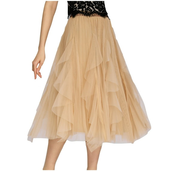 Lovskoo Women's Sweet Ruffled Tutu Tulle Skirt Elastic High Waist Tiered Mesh Midi Skirt Khaki