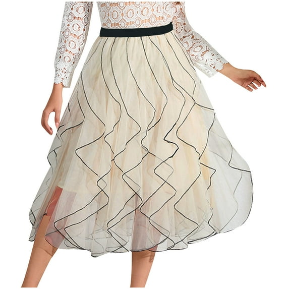 Lovskoo Women's Sweet Ruffled Tutu Tulle Skirt Elastic High Waist Tiered Mesh Midi Skirt White