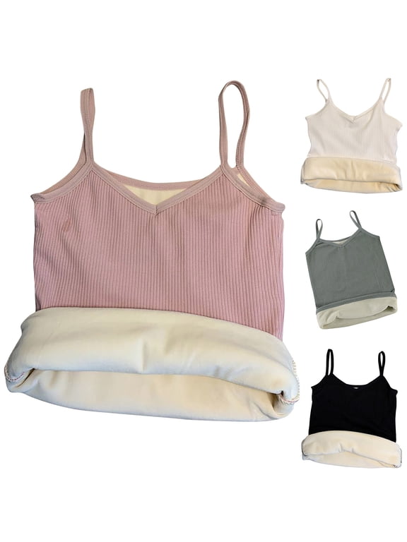 Women's Thermal Fleece Lined Underwear Tops Cami Tank Top Thick Plush Sleeveless Tight Fit V-Neck Strap Vest Black