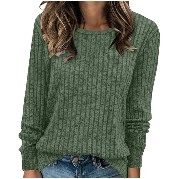 Lovskoo Women's Tops Ribbed Knit Long Sleeve Comfy Crewneck Shirts Casual Loose Sweatshirts Tunic Olive Green