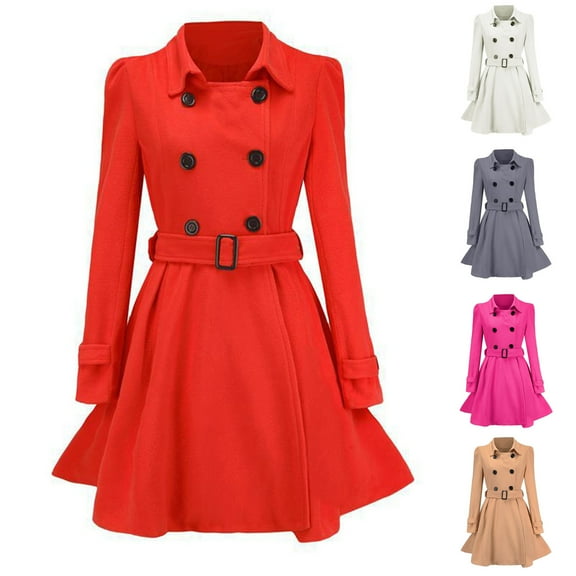 Lovskoo Women's Trench Coat Lapel Double Breasted Thick A Line Pea Coats Jacket with Pockets Princess Overcoat Red