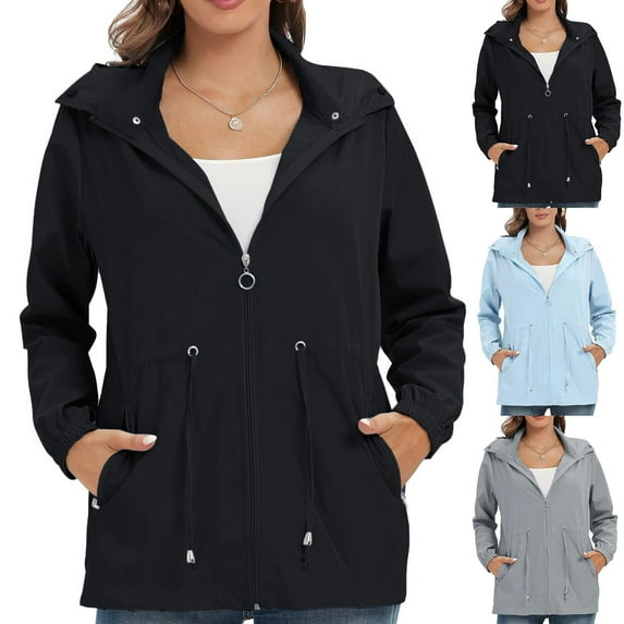 Lovskoo Women's Trench Coat Windbreaker Long Sleeve Solid Thin Hooded Zipper Casual Sport Coat Light Blue
