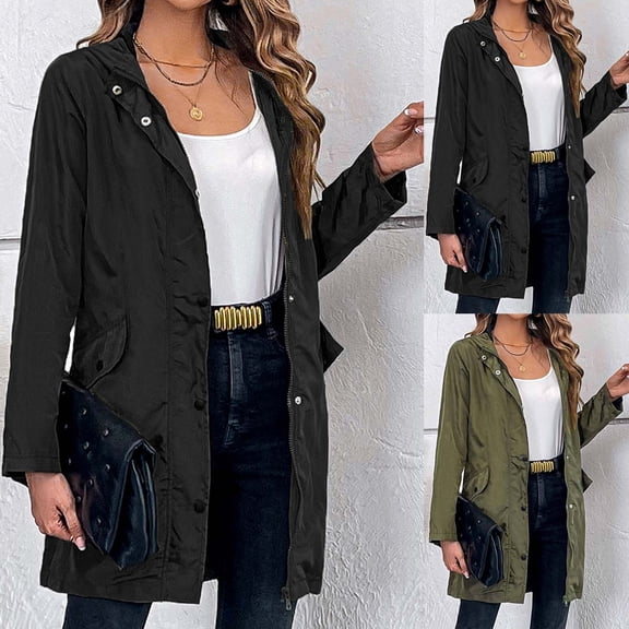 Lovskoo Women's Trench Coat Windbreaker Long Sleeve Solid Thin Hooded Zipper Casual Sport Coat Olive Green