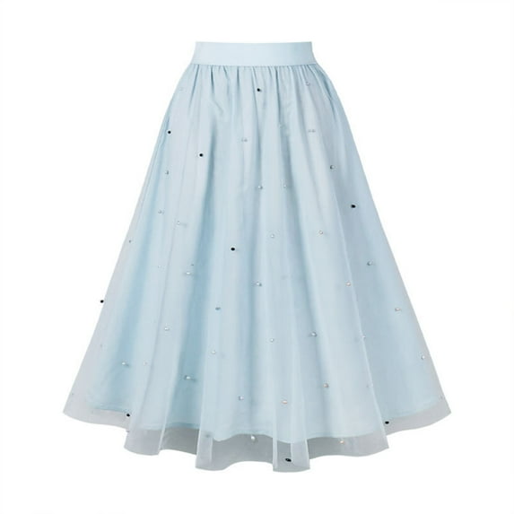Lovskoo Women's Tulle Skirt Elegant Pleated Skirts for Women Midi Length Elastic Waist Blue