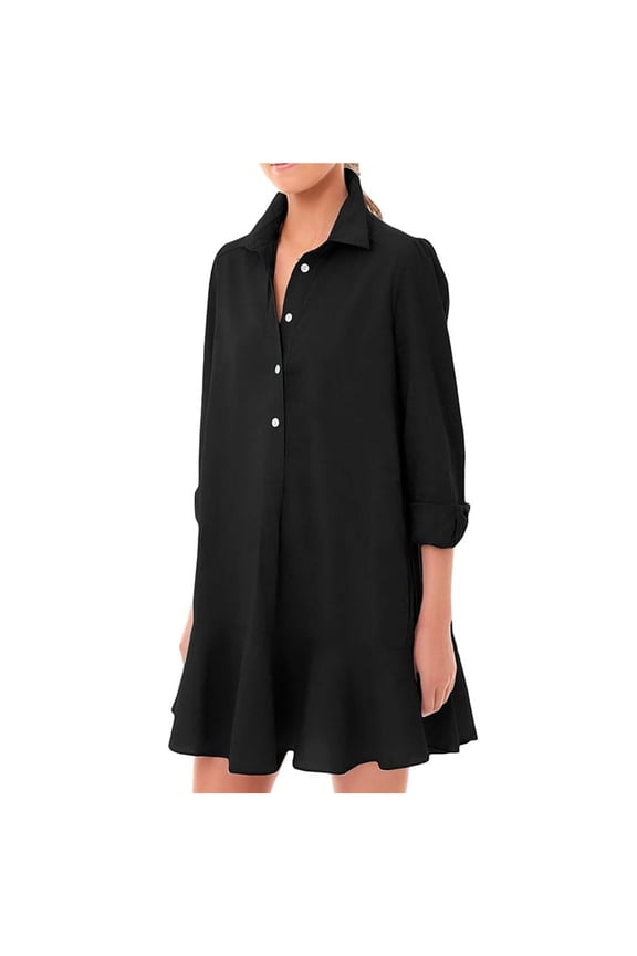Women's Tunic Shirt Mini Dress Long Sleeve Cotton Linen Short Dress Button Down Ruffle Hem Shift Dresses Black