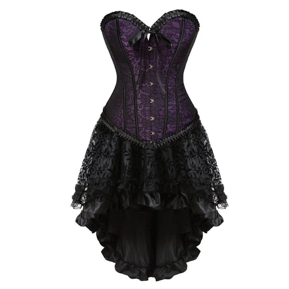 Lovskoo Women's Two Piece Renaissance Corset With Dress Lace Up Boned Overbust Steampunk Corset Bustier Sleepwear Hourglass Bodyshaper Top Halloween Costume Gothic Shapewear Purple