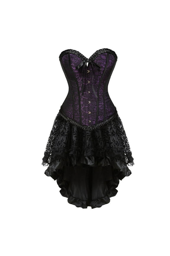 Women's Two Piece Renaissance Corset With Dress Lace Up Boned Overbust Steampunk Corset Bustier Sleepwear Hourglass Bodyshaper Top Halloween Costume Gothic Shapewear Purple