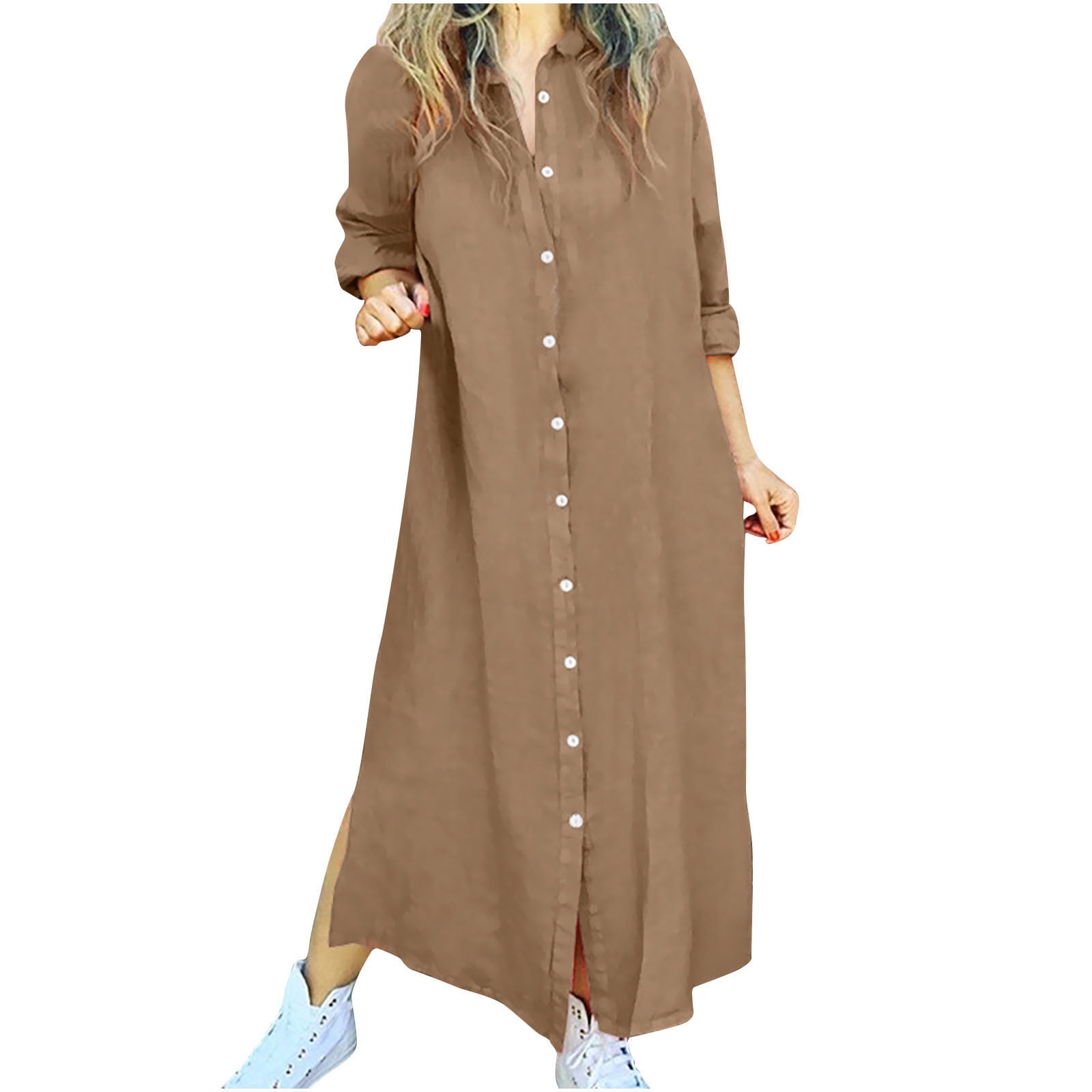 L'or Volume Shirt Dress ブラウン QLEICON Elegant Women's Solid Color Office Dress, V Neck