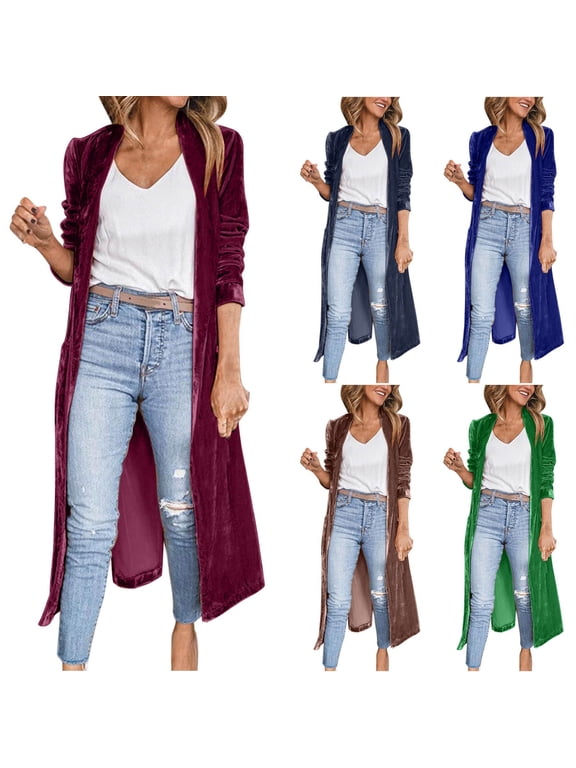 Women's Velvet Cardigan Jacket Open Front Lapel Collar Outerwear Sequin Duster Coat Velour Long Blazers Navy