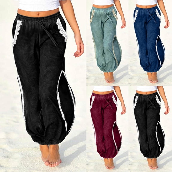 Lovskoo Women's Velvet Sweatpants Palazzocasual Loose Drawstring Elastic Waist Pocket Trousers Pants Green