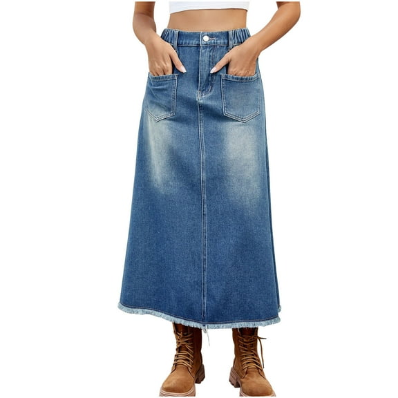Lovskoo Women's Vintage A-Line Maxi Denim Skirt Distressed High Waist Long Jean Skirt Blue