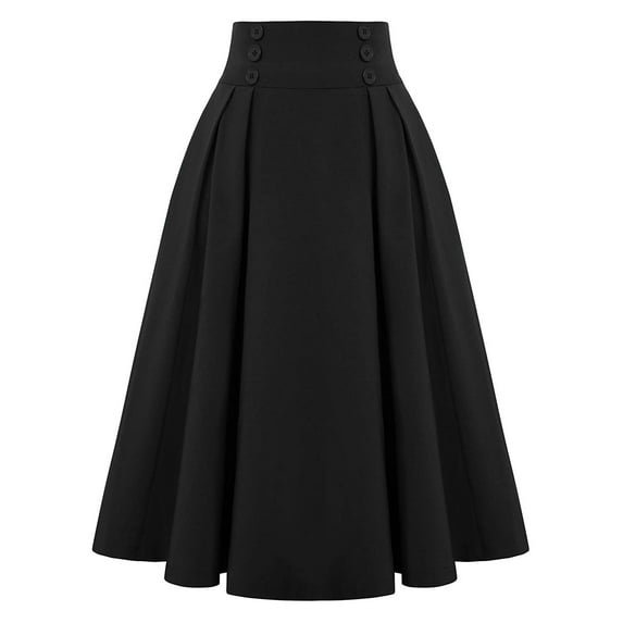 Lovskoo Women's Vintage A-Line Skater Skirt Ankle Length High Waist Flowy Long Midi Dress with Pockets Black L
