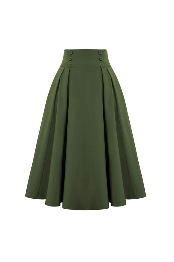 Women's Vintage A-Line Skater Skirt Ankle Length High Waist Flowy Long Midi Dress with Pockets Olive Green L
