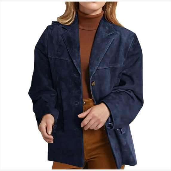 Lovskoo Women's Vintage Faux Suede Blazer Thick Jacket 2025 Fall Winter Fashion Casual Coat Dark Blue