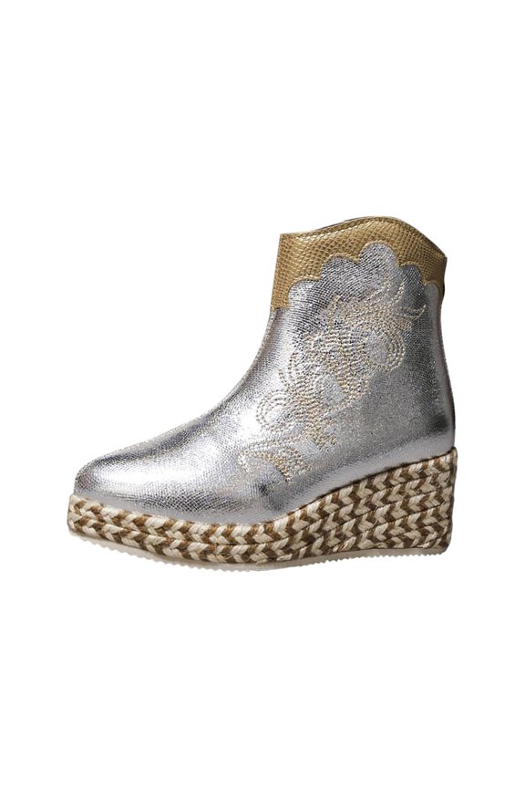 Women's Western Cowboy Wedge Ankle Booties Embroidered Pointed Toe Platform Heels Invisible Height Increasing Shoes Straw Bottom Pull On Boots Silver