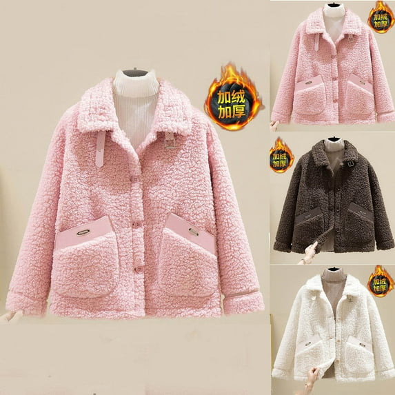 Lovskoo Women's Winter Coats Button Down Teddy Jacket Long Sleeve Faux Fur Warm Fall Spring Outwear Fuzzy Fleece Short Coats Pink