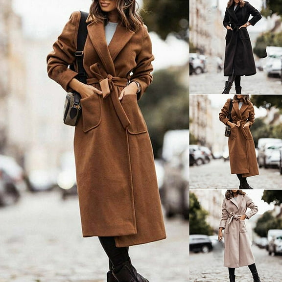 Lovskoo Women's Winter Coats Elegant Maxi Wrap Coat Lapel Collar Pea Coats Open Front Belted Long Jacket Overcoat with Pockets Black