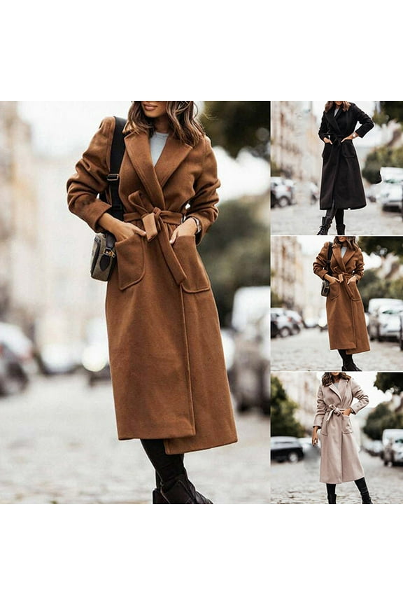 Women's Winter Coats Elegant Maxi Wrap Coat Lapel Collar Pea Coats Open Front Belted Long Jacket Overcoat with Pockets Black
