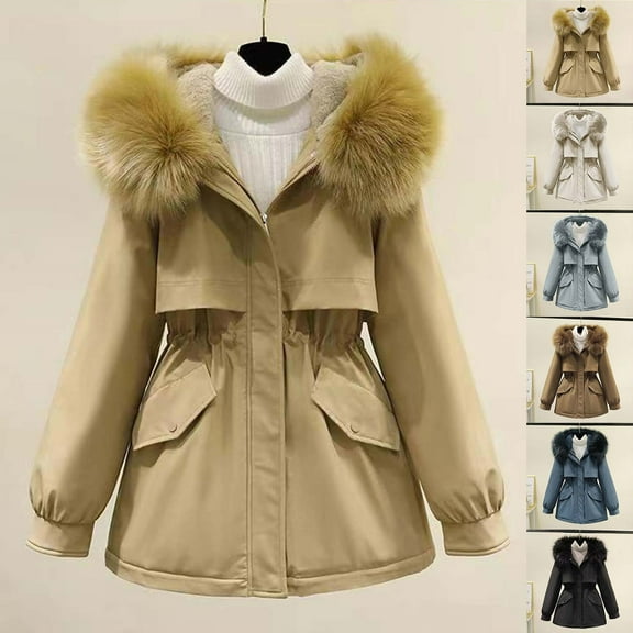 Lovskoo Women's Winter Coats Fleece Parkas Anoraks Hooded Thick Warm Long Sleeve Loose Plush Cargo Outerwear Overcoming Cotton Jacket Black