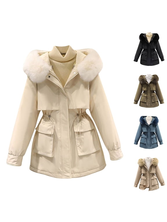 Women's Winter Coats Fleece Parkas Anoraks Hooded Thick Warm Long Sleeve Medium Length Detachable Coat Three Way Of Wear Windbreaker Work Attire Overcoming Cotton Jacket Khaki