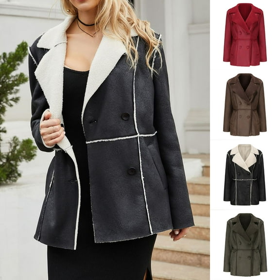 Lovskoo Women's Winter Coats Warm Shearling Lined Faux Suede Leather Longline Coat with Double Breasted Buttons Olive Green