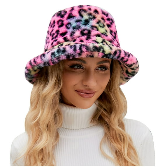 Lovskoo Women's Winter Faux Fur Fisherman Hat Leopard Print Cute and Warm Caps Plush Fuzzy Bucket Hat Hot Pink