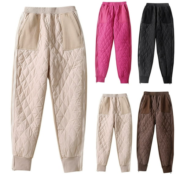 Lovskoo Women's Winter Lightweight Puffer Pants Cotton Quilted Loose Pockets with Zippered High Waisted Plush and Thick Warm Pants Beige