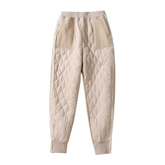 Lovskoo Women's Winter Lightweight Puffer Pants Cotton Quilted Loose Pockets with Zippered High Waisted Plush and Thick Warm Pants Beige